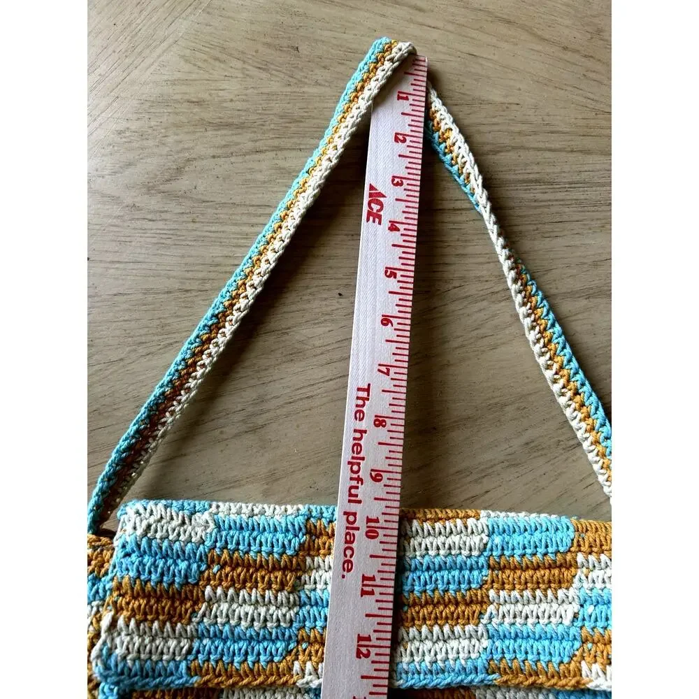 New Crochet Knit Purse Shoulder Bag Tan Blue Aztec Boho Hippie Retro Cotton ECO